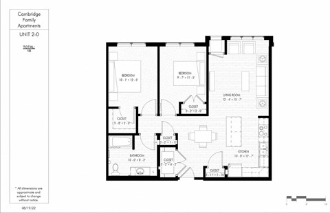 Floor plan for 2 beds, 1 bath, 985 sqft